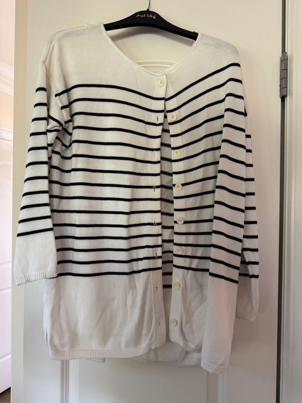 CAbi White and Black Striped Button-Front Cardigan